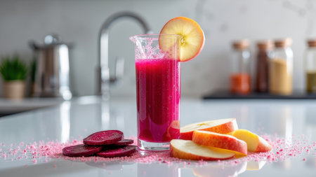 Fresh beetroot and apple juice on kitchen counter with sliced fruits. That the image is generated using AI.の素材