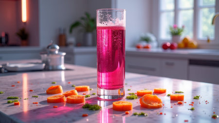 Vibrant pink fruit drink on marble counter with fresh oranges in sunlit kitchen. That the image is generated using AI.の素材
