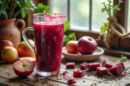 Fresh apple and beet juice in a clear mug by a sunlit window. That the image is generated using AI.の素材