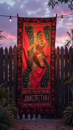 Colorful textile art hanging on fence at sunset with intricate patterns and cultural design. That the image is generated using AI.の素材