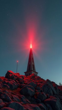Illuminated tower at night amid rocky landscape and starry sky. That the image is generated using AI.の素材