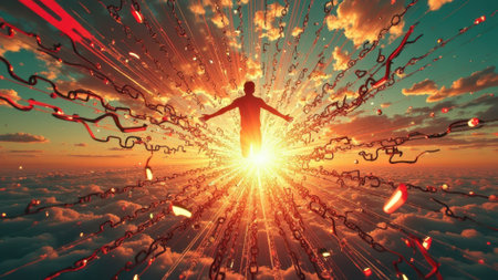 Silhouette of a figure in radiant sunrise above clouds with reflective lights. That the image is generated using AI.の素材