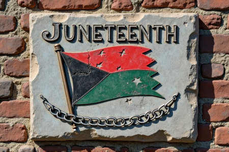 Juneteenth celebration plaque with red, black, and green flag on brick wall. That the image is generated using AI.の素材