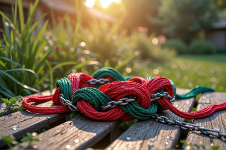 Red and green rope with chain on wooden bench in sunlit garden. That the image is generated using AI.の素材