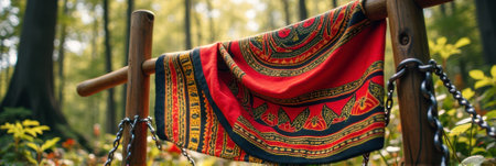 Colorful red tapestry hanging in a sunlit forest setting. That the image is generated using AI.の素材