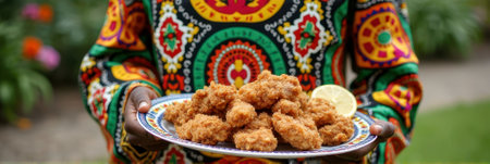 Patterned shirt and plate of fried chicken with lemon slice. That the image is generated using AI.の素材