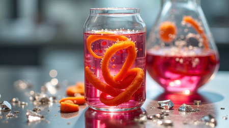 Refreshing glass of pink drink with orange slices and sparkling accents on a reflective surface. That the image is generated using AI.の素材