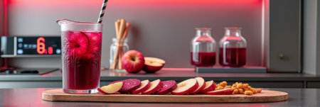 Refreshing beetroot and apple juice in modern kitchen setting. That the image is generated using AI.の素材
