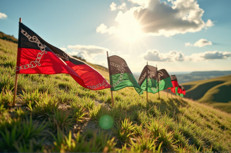 Afghan flags waving on sunny hillside with blue sky and clouds. That the image is generated using AI.の素材