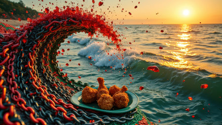 Juneteenth Surreal ocean wave with fried chicken pieces surrounded by vibrant red splash at sunset. That the image is generated using AI.の素材