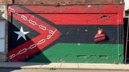 Juneteenth Urban mural with African flag colors and cherry cake slice on brick wall. That the image is generated using AI.の素材
