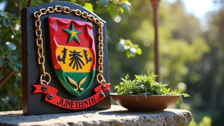 Juneteenth Juneteenth emblem and fresh herbs on stone with sunlight in green garden setting. That the image is generated using AI.の素材