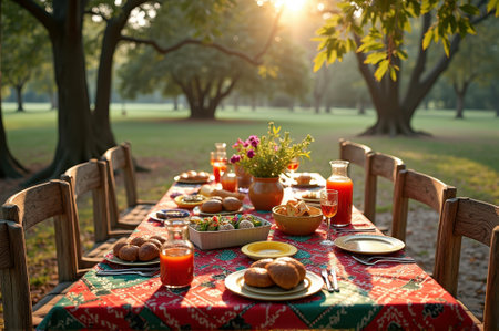 Juneteenth Outdoor picnic table with fresh breakfast spread in sunlit park setting. That the image is generated using AI.の素材