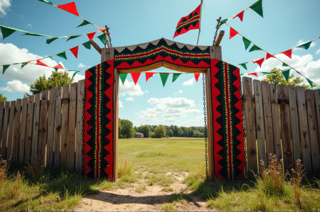 Juneteenth Brightly decorated festival gate with colorful banners in open field. That the image is generated using AI.の素材