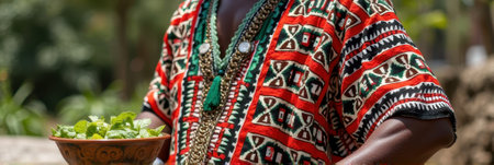 Juneteenth African adult in traditional clothing holding herbs in vibrant patterned garment. That the image is generated using AI.の素材