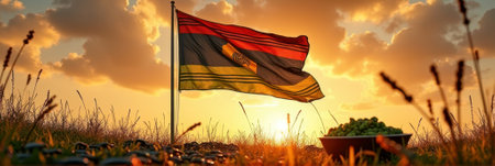 Juneteenth Zambian flag waving at sunset in serene field setting. That the image is generated using AI.の素材