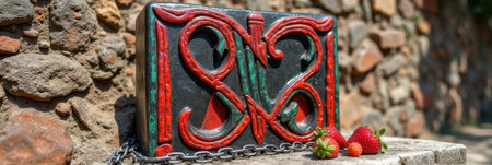 Juneteenth Ornate stone sculpture with red patterns and fresh strawberries on rustic wall. That the image is generated using AI.の素材