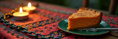 Juneteenth Slice of pumpkin pie on patterned tablecloth with candlelight ambiance. That the image is generated using AI.の素材