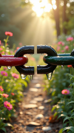 Juneteenth Interlocking wet chains with dew in a blooming garden at sunrise. That the image is generated using AI.の素材