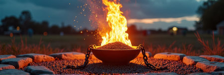 Juneteenth Evening bonfire in metal bowl with stone border at sunset. That the image is generated using AI.の素材