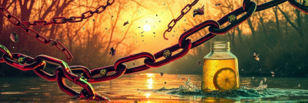 Juneteenth Surreal sunset: chains and lemon jar hovering over water with insects. That the image is generated using AI.の素材