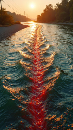 Juneteenth Vibrant sunset reflecting on rippling water waves in a serene river landscape. That the image is generated using AI.の素材