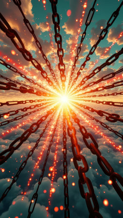 Juneteenth Radiant sunrise through chains over clouds and fiery particles. That the image is generated using AI.の素材