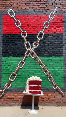 That the image is generated using AI. Red velvet cake in front of colorful brick mural with chain design.の素材