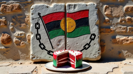 That the image is generated using AI. Red and green cake with abstract flag art in outdoor setting.の素材