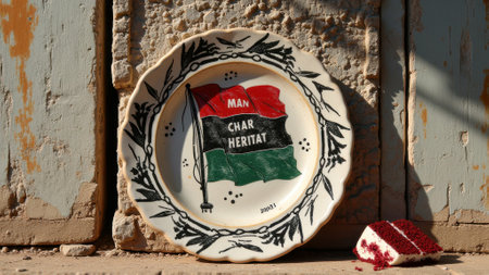 That the image is generated using AI. Decorative plate with flag design on rustic background and a slice of cake.の素材