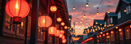 That the image is generated using AI. Street of red lanterns at dusk with string lights in charming marketplace.の素材
