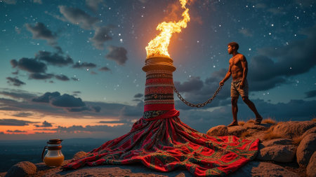 That the image is generated using AI. Young african male standing next to mystical fire pillar at twilight on mountain.の素材