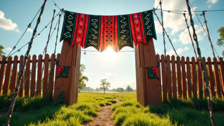 That the image is generated using AI. Rustic wooden gate with colorful banners in sunlit field.の素材
