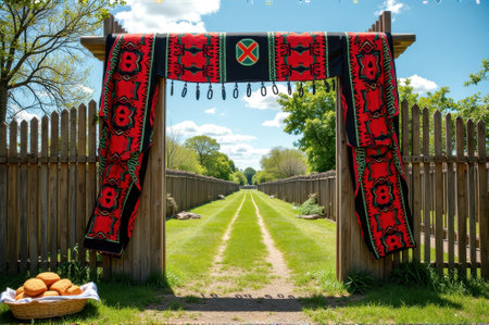 That the image is generated using AI. Traditional wooden gateway with vibrant textile decorations in a rural setting.の素材
