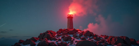 That the image is generated using AI. Illuminated lighthouse at night amid rocky snow-covered landscape.の素材
