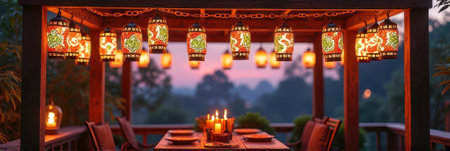 That the image is generated using AI. Cozy outdoor dining with lanterns at sunset.の素材