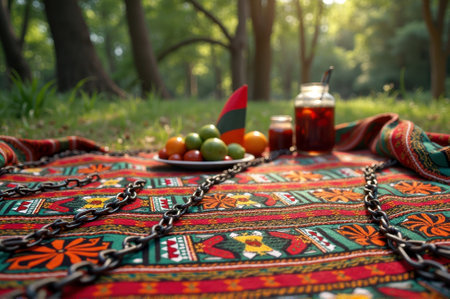 That the image is generated using AI. Vibrant picnic blanket with fruits and refreshing drinks in sunlit park setting.の素材