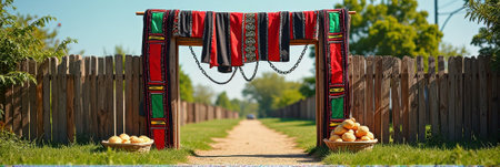 That the image is generated using AI. Vibrant traditional textile display on rustic wooden gate in idyllic countryside.の素材