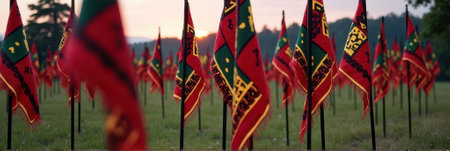 That the image is generated using AI. Colorful flags in a scenic sunset field with vibrant patterns and cultural symbols.の素材