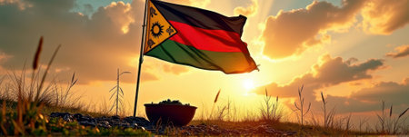 That the image is generated using AI. Vibrant flag waving against dramatic sunset sky in grassy field.の素材