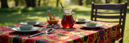 That the image is generated using AI. Outdoor dining table with colorful cloth and refreshing beverage in sunny park.の素材