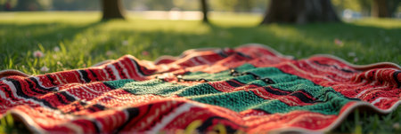 That the image is generated using AI. Colorful blanket on grass in sunlit park.の素材