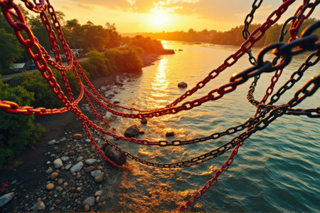 That the image is generated using AI. Sunset over river with vibrant chains and rocky shoreline.の素材