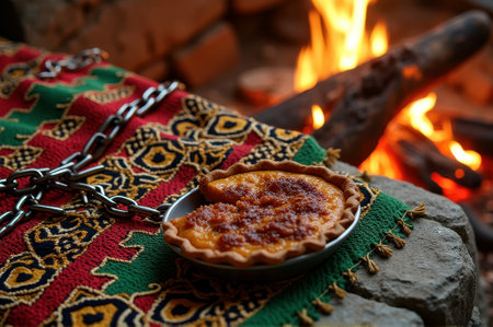 That the image is generated using AI. Traditional setting with pumpkin pie by campfire on colorful tapestry.の素材