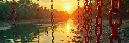 That the image is generated using AI. Sunset over tranquil river with colorful chains and forest lining the shore.の素材