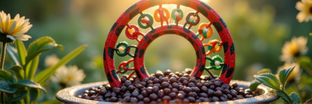 That the image is generated using AI. Colorful wheel decor with chocolate balls in sunlit garden setting.の素材