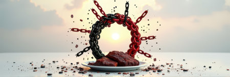That the image is generated using AI. Juicy grilled steak with floating chains against sunset backdrop.の素材