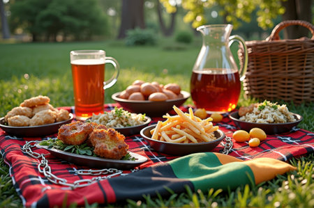 That the image is generated using AI. Summer picnic: fried chicken, French fries, eggs, tea, and fresh fruit on plaid blanket.の素材