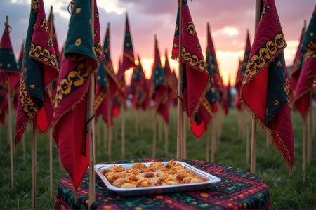 That the image is generated using AI. Traditional pastries on decorated table with historic flags at sunset gathering.の素材