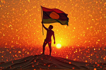 That the image is generated using AI. Silhouette of male holding indigenous flag against vibrant sunset.の素材